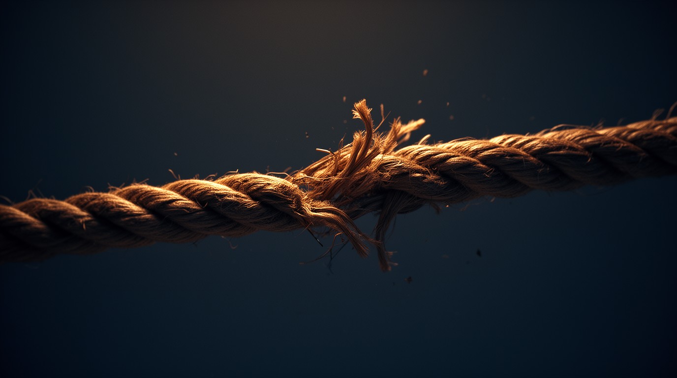 A thick rope with one strand fraying and breaking