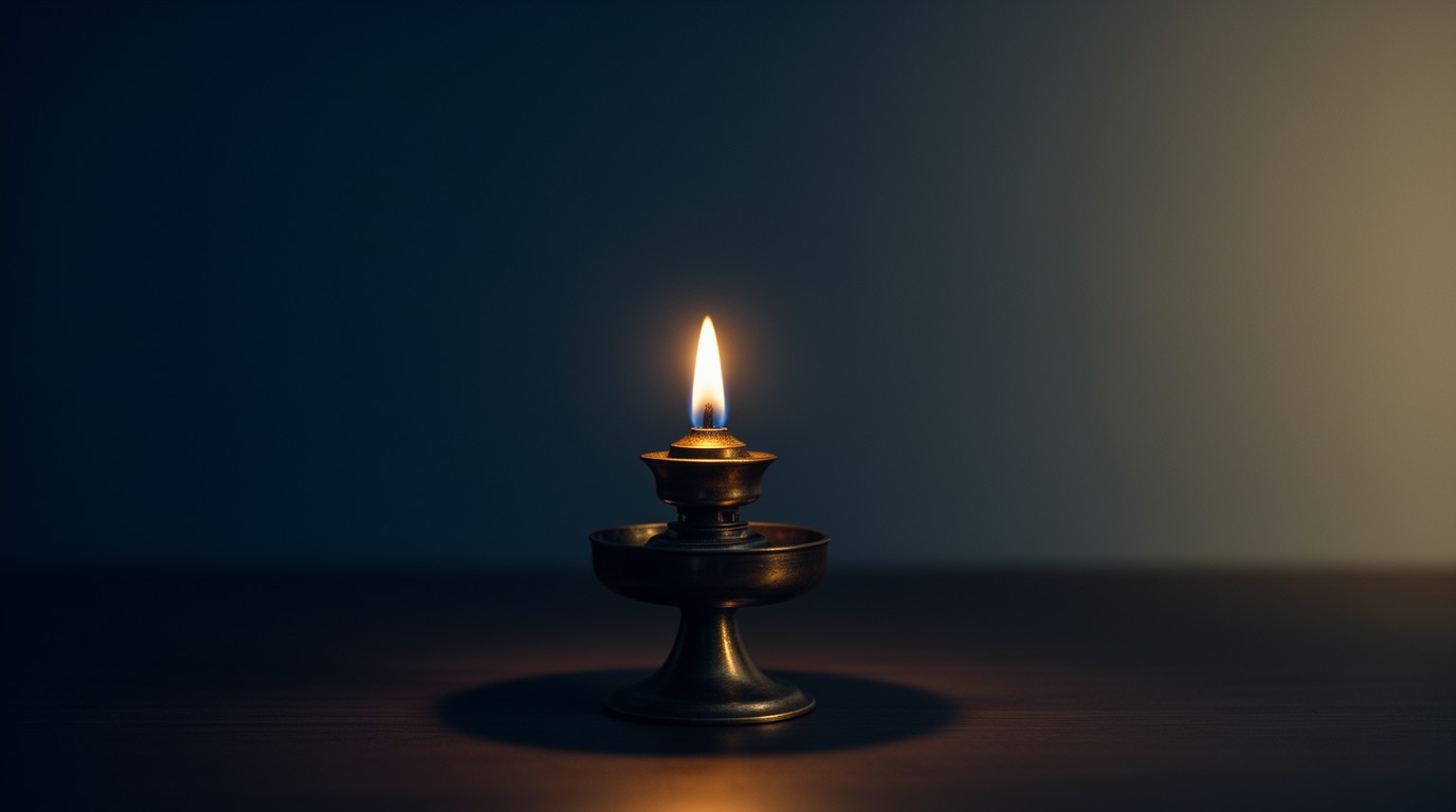 A small oil lamp burning steadily in a dark room