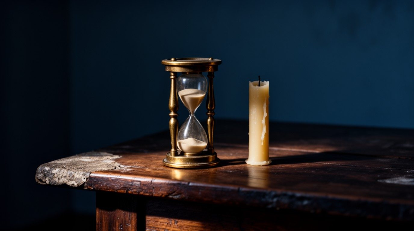 A small brass hourglass half run beside an unlit tallow candle on a dark oak table
