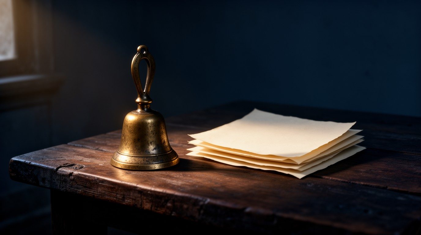 A brass handbell standing beside a small stack of blank parchment sheets on an empty dark oak table