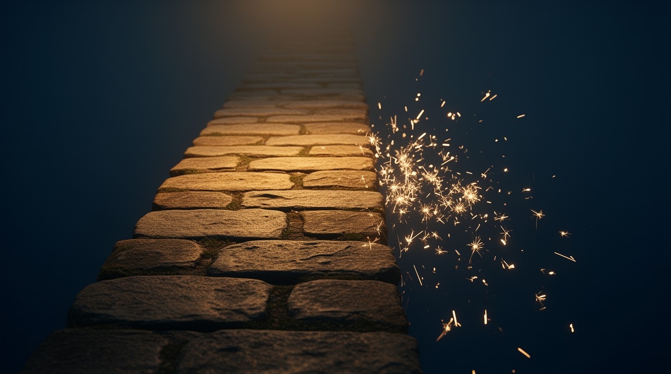 A steady stone path leading into warm light beside a trail of fading sparks
