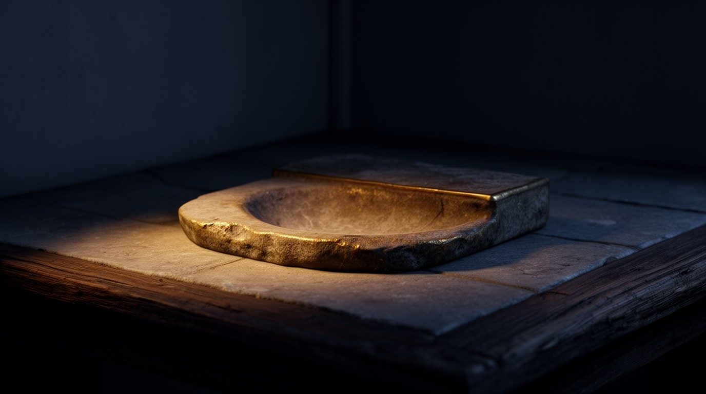 A weathered stone block worn into a smooth hollow, lit by warm gold light