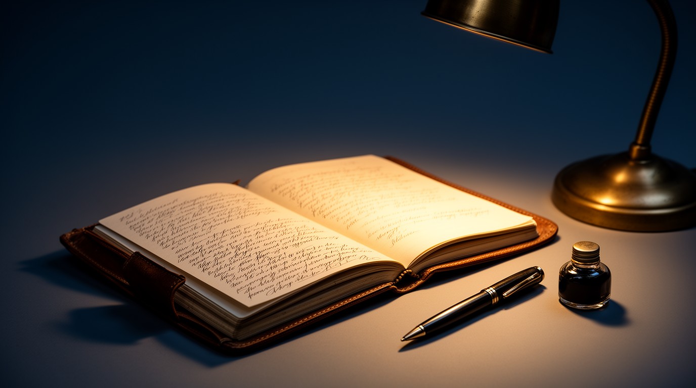 A handwritten journal open under a desk lamp, with a pen and ink bottle