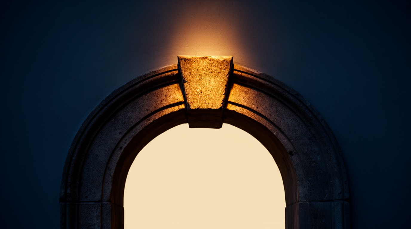 A stone archway with light falling on its central keystone