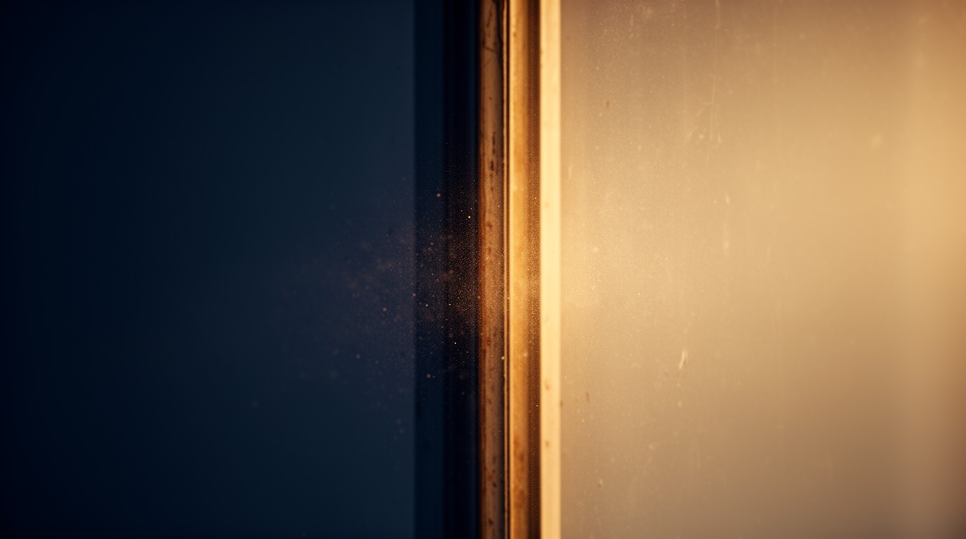 A dusty window where dark shadow gives way to warm golden light