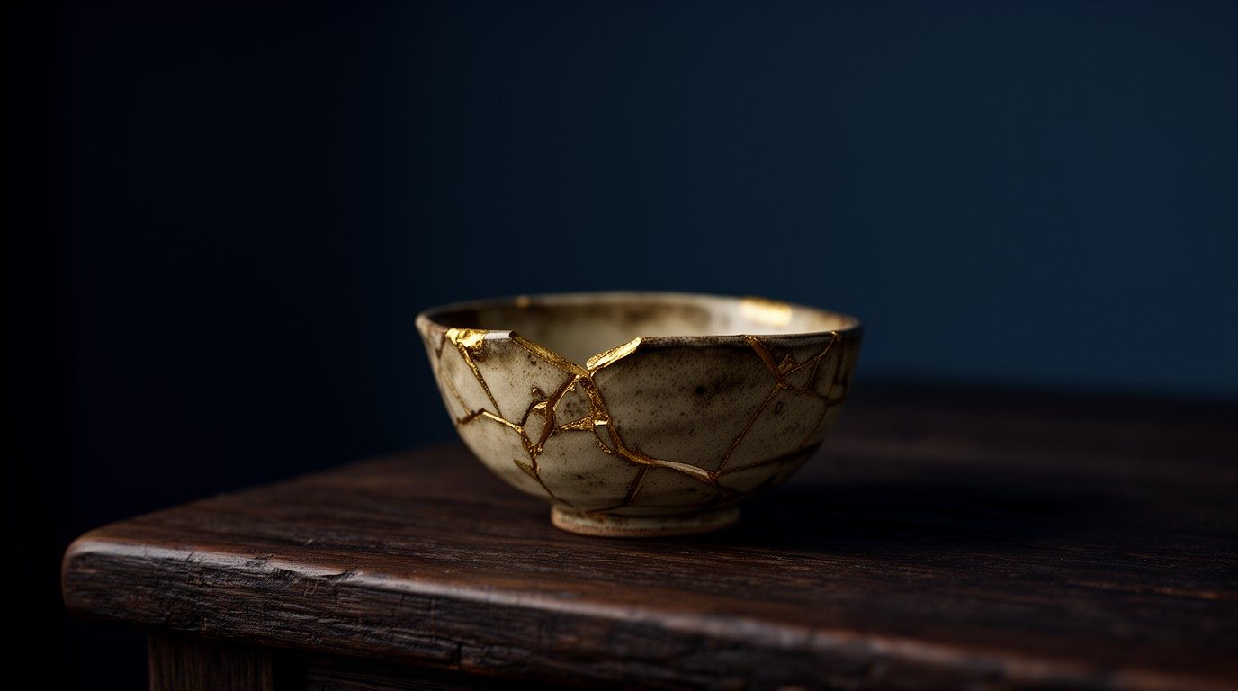 A cracked ceramic bowl mended with seams of gold on a dark wooden table