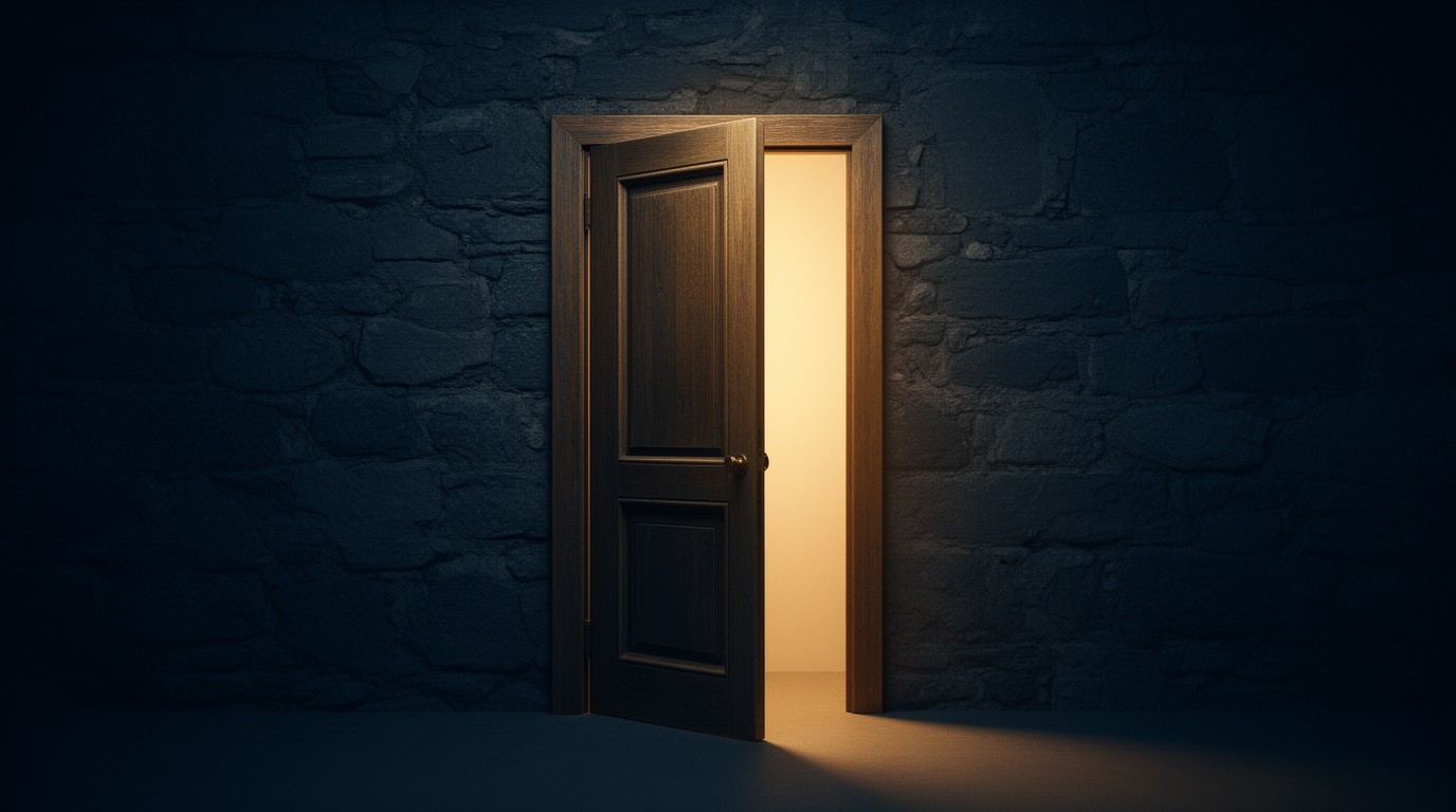 A wooden door standing ajar with warm light spilling through the gap