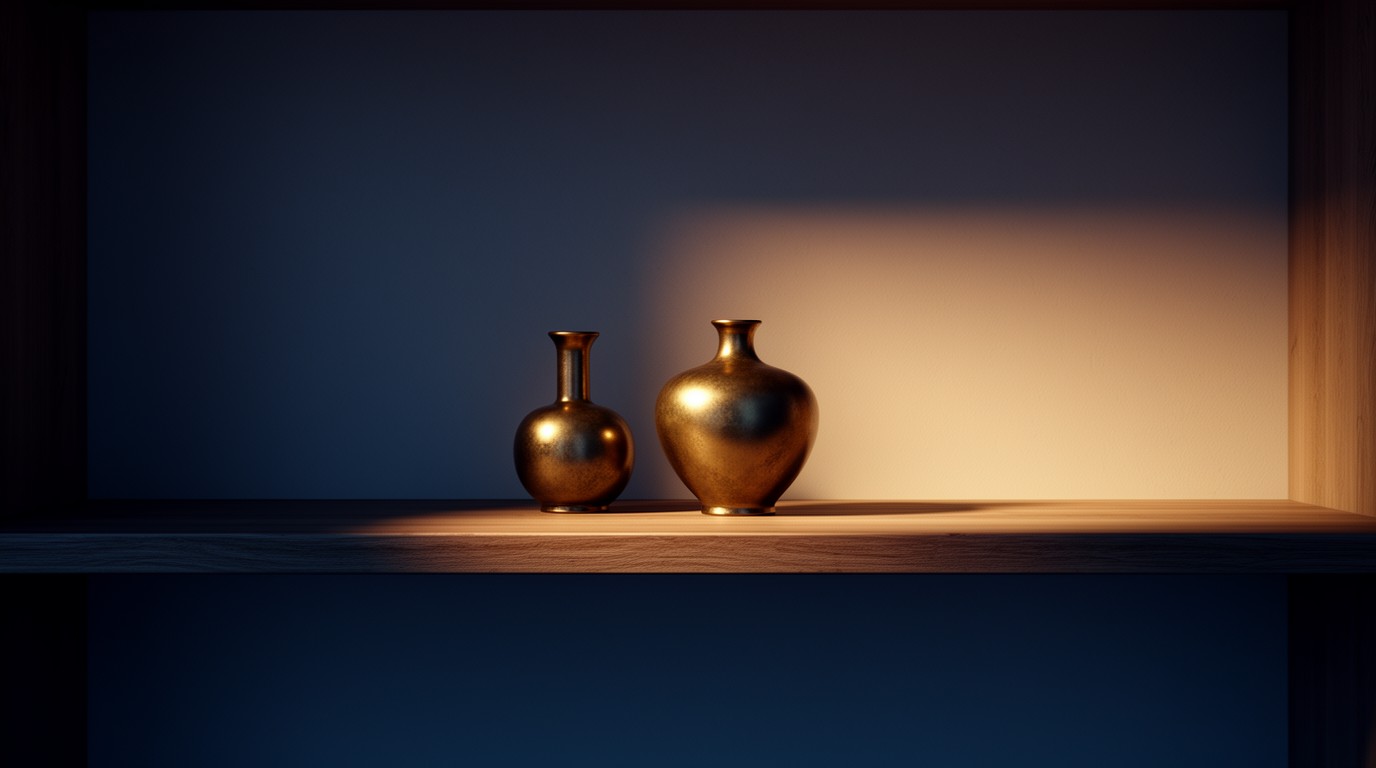 Two simple bronze vases on an otherwise empty wooden shelf