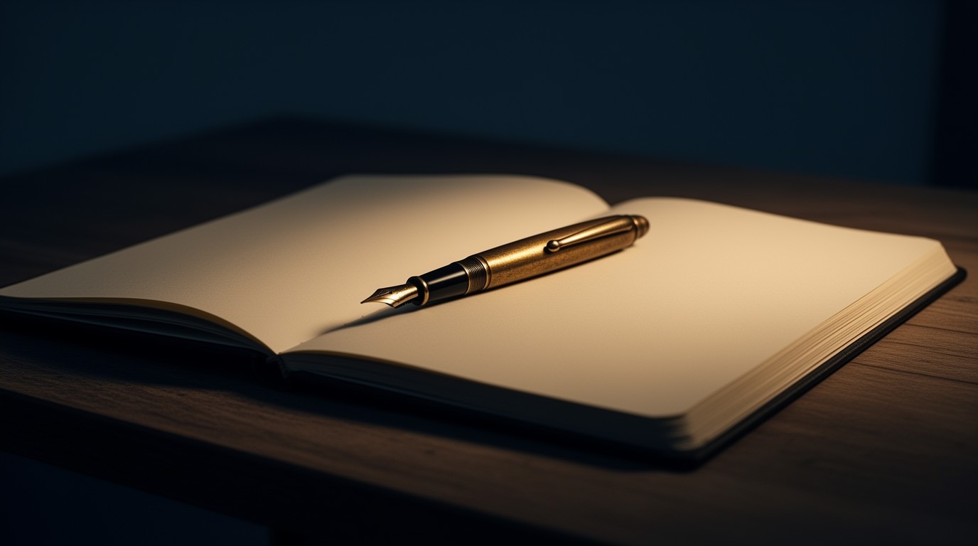 An open notebook and fountain pen on a desk in soft light